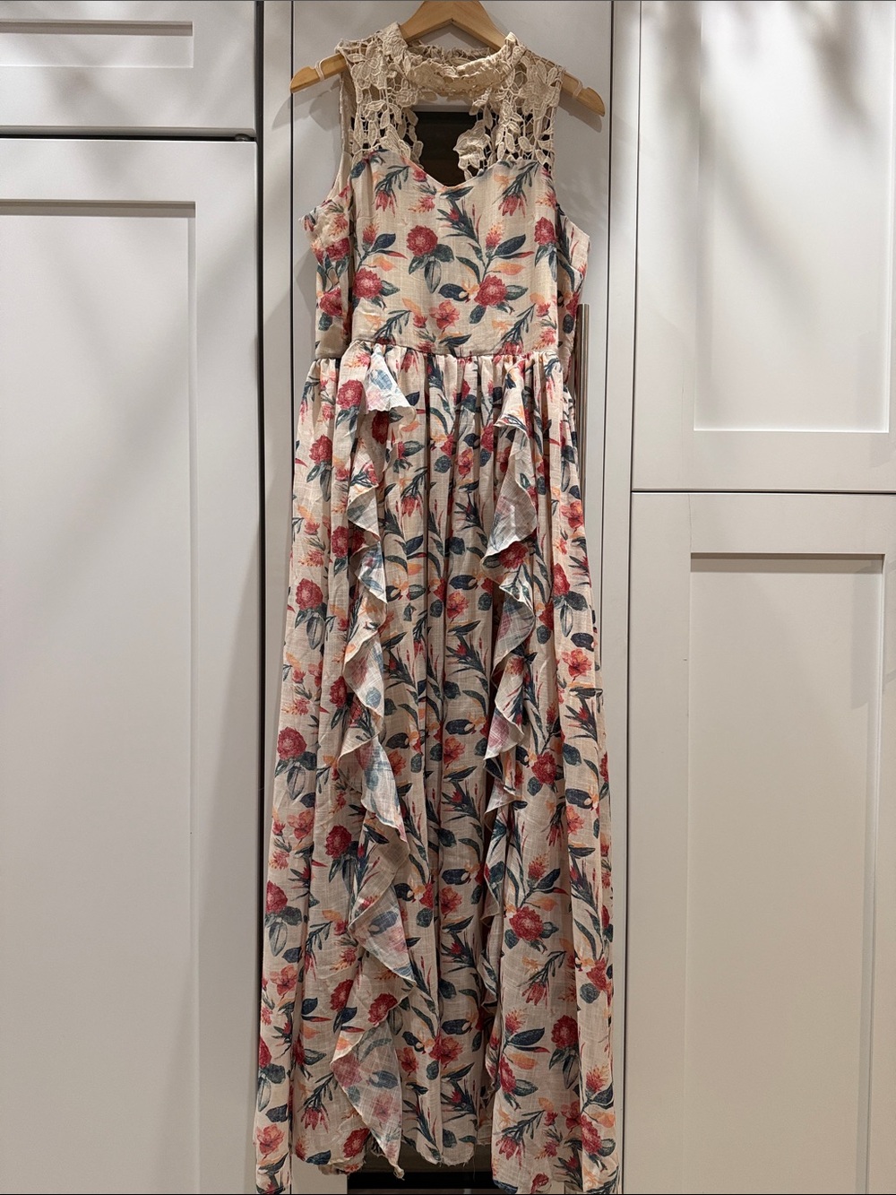 Joyfolie Cream Maxi Dress with Pink Floral Print and Crochet Yoke